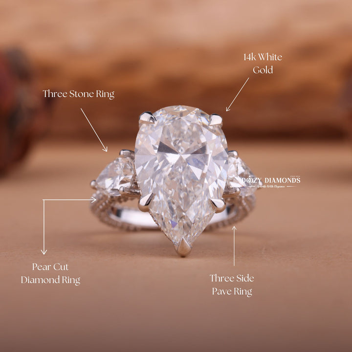 4.0ct-6.0CT Pear E/F Color Diamond Lab Grown Three Stone Engagement Ring