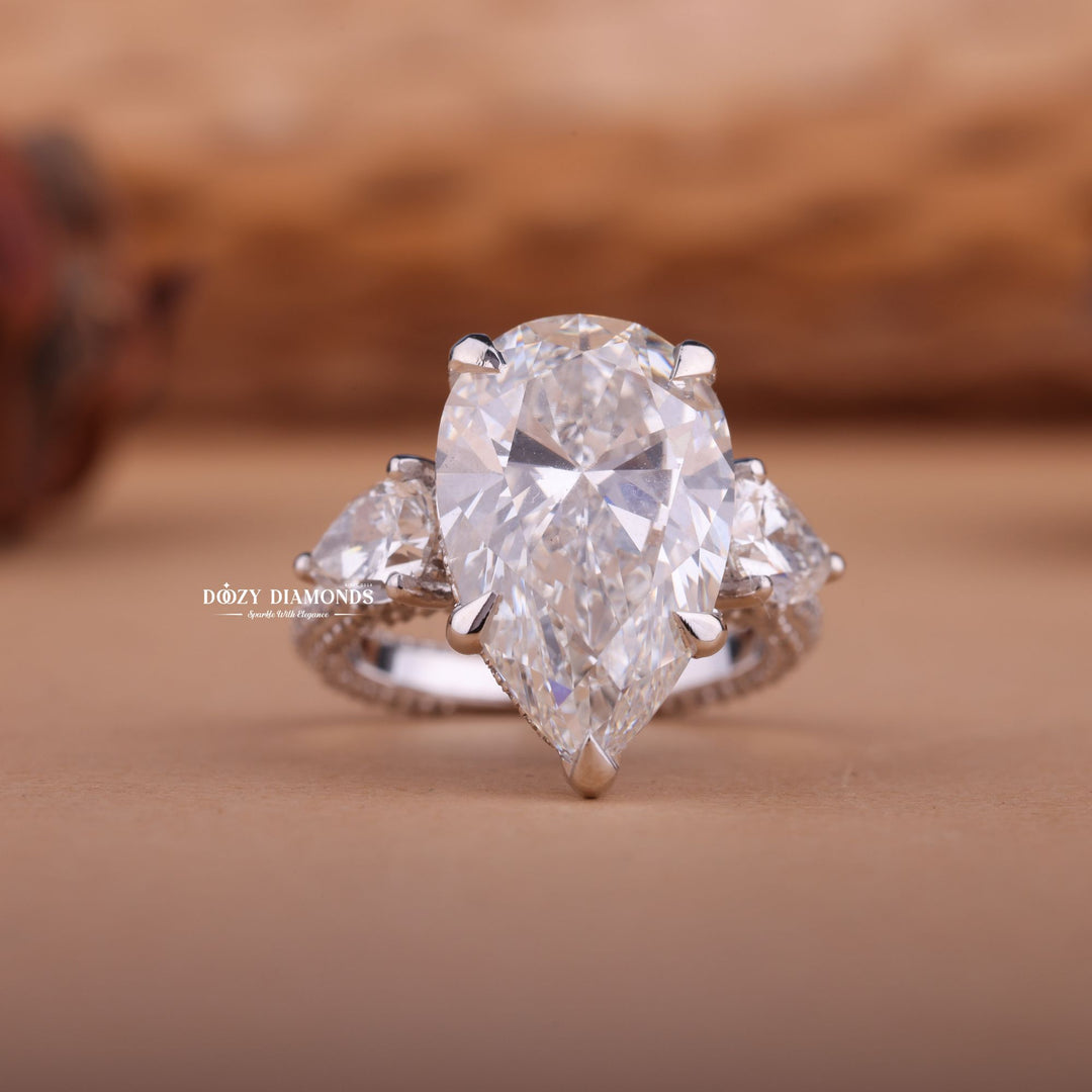 4.0ct-6.0CT Pear E/F Color Diamond Lab Grown Three Stone Engagement Ring