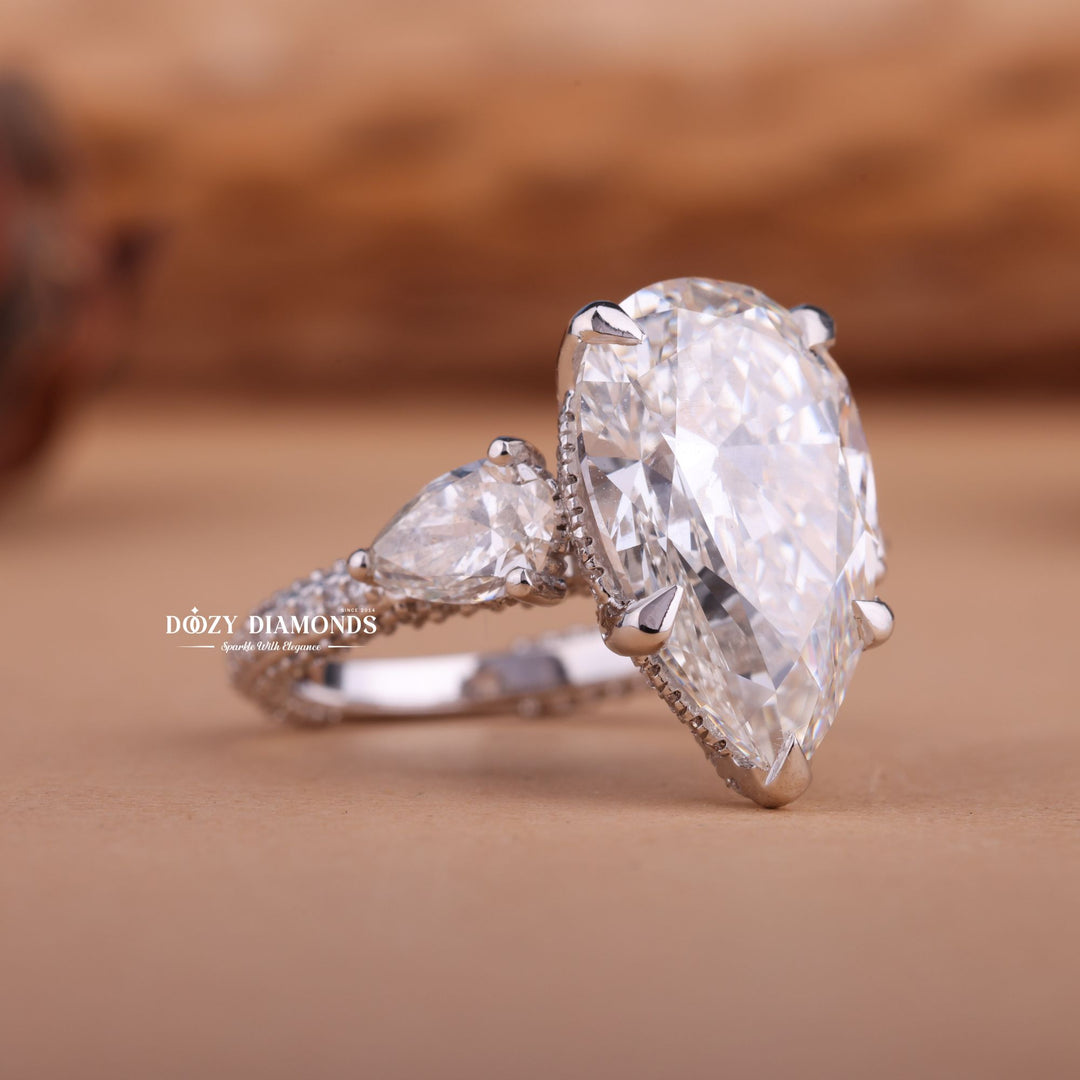 4.0ct-6.0CT Pear E/F Color Diamond Lab Grown Three Stone Engagement Ring