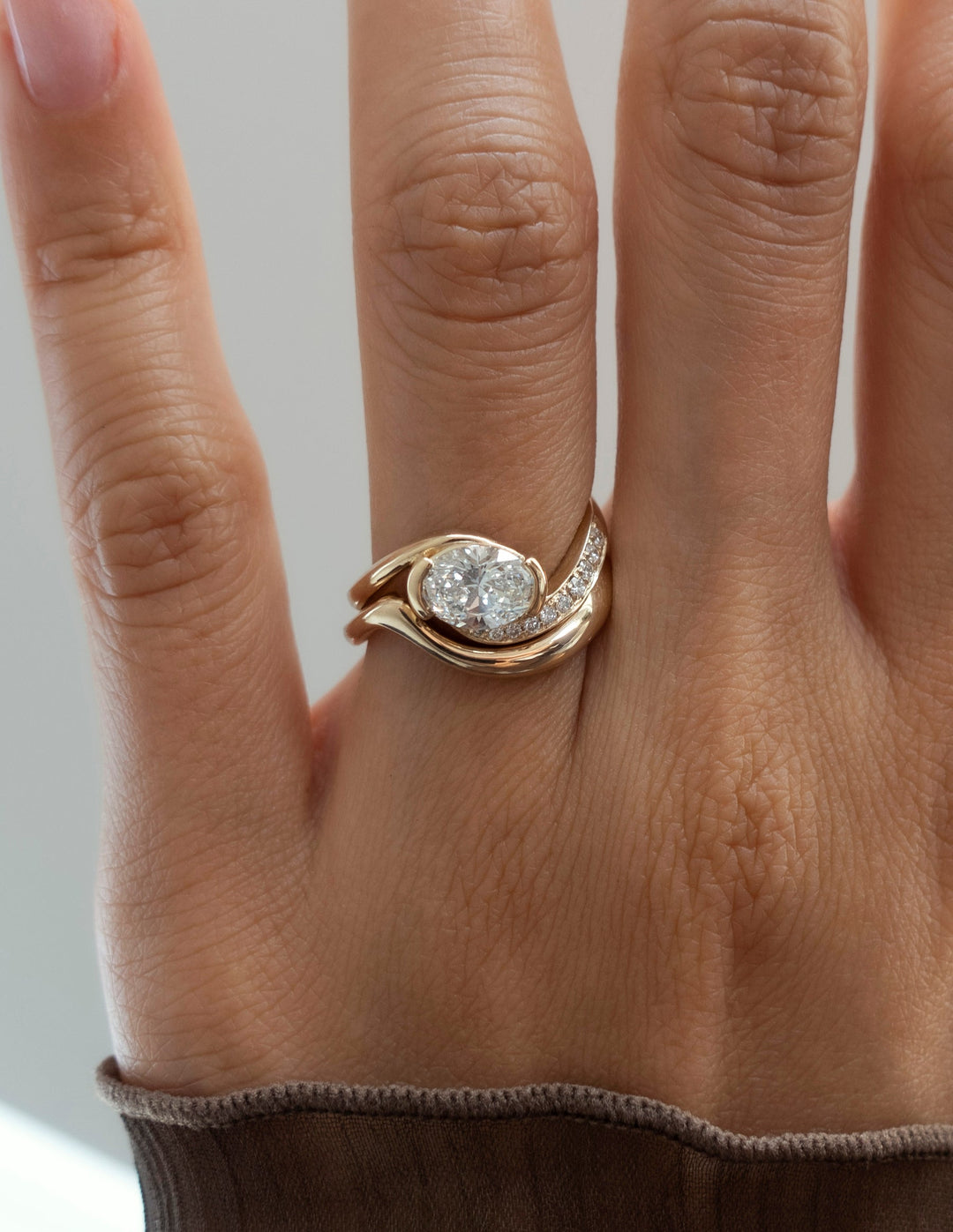 1.50CT East West Oval E-VS Lab Grown Bypass Pavé Wedding Ring With Classic Band