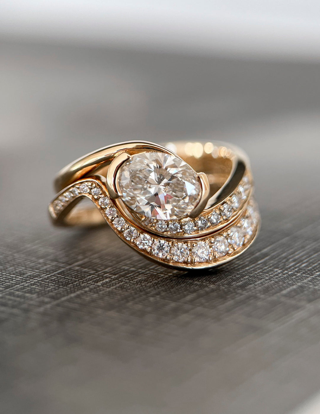 1.50CT East West Oval E-VS Lab Grown Bypass Pavé Wedding Ring With Classic Band