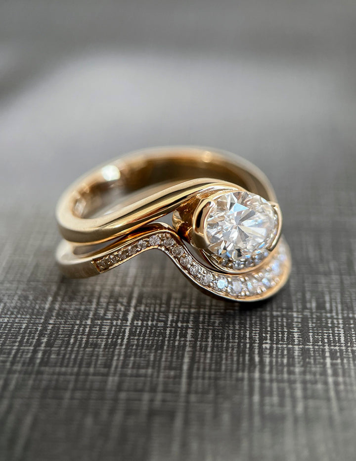 1.50CT East West Oval E-VS Lab Grown Bypass Pavé Wedding Ring With Classic Band