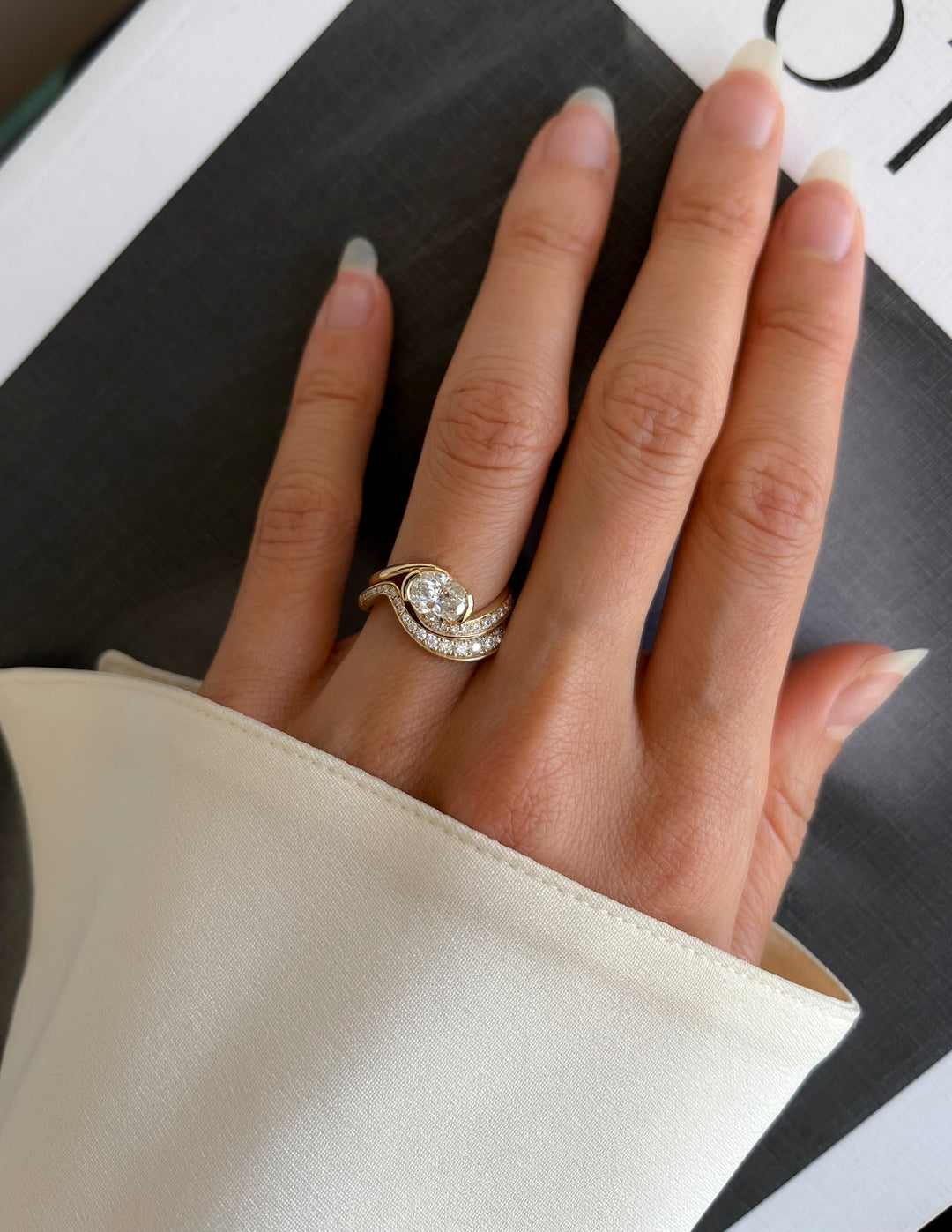 1.50CT East West Oval E-VS Lab Grown Bypass Pavé Wedding Ring With Classic Band