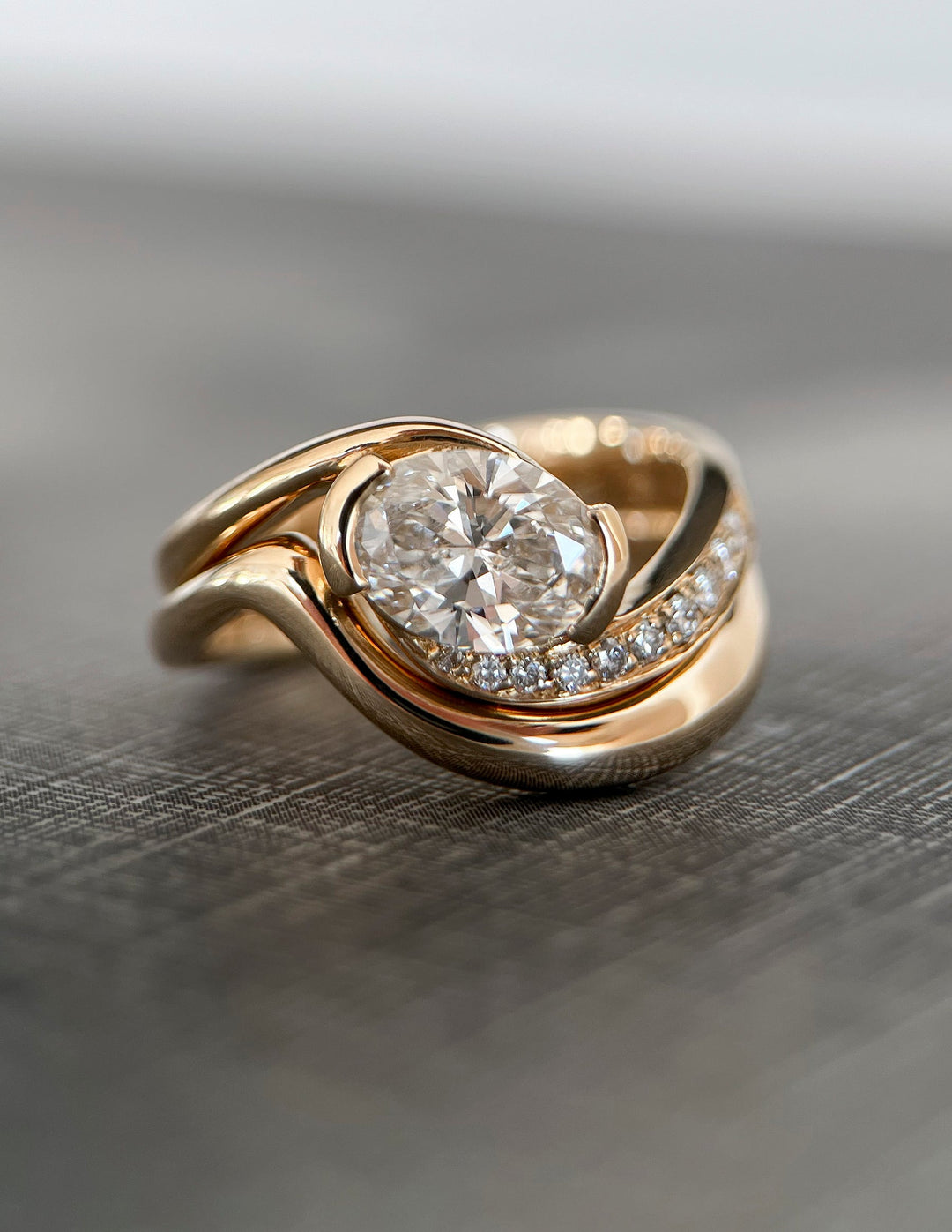 1.50CT East West Oval E-VS Lab Grown Bypass Pavé Wedding Ring With Classic Band