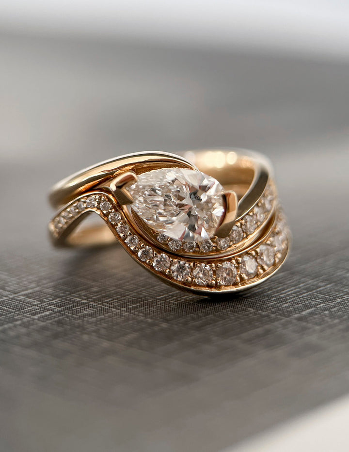 1.50CT East West Pear E-VS Lab Grown Pave Wedding Ring With Plain Curve Band