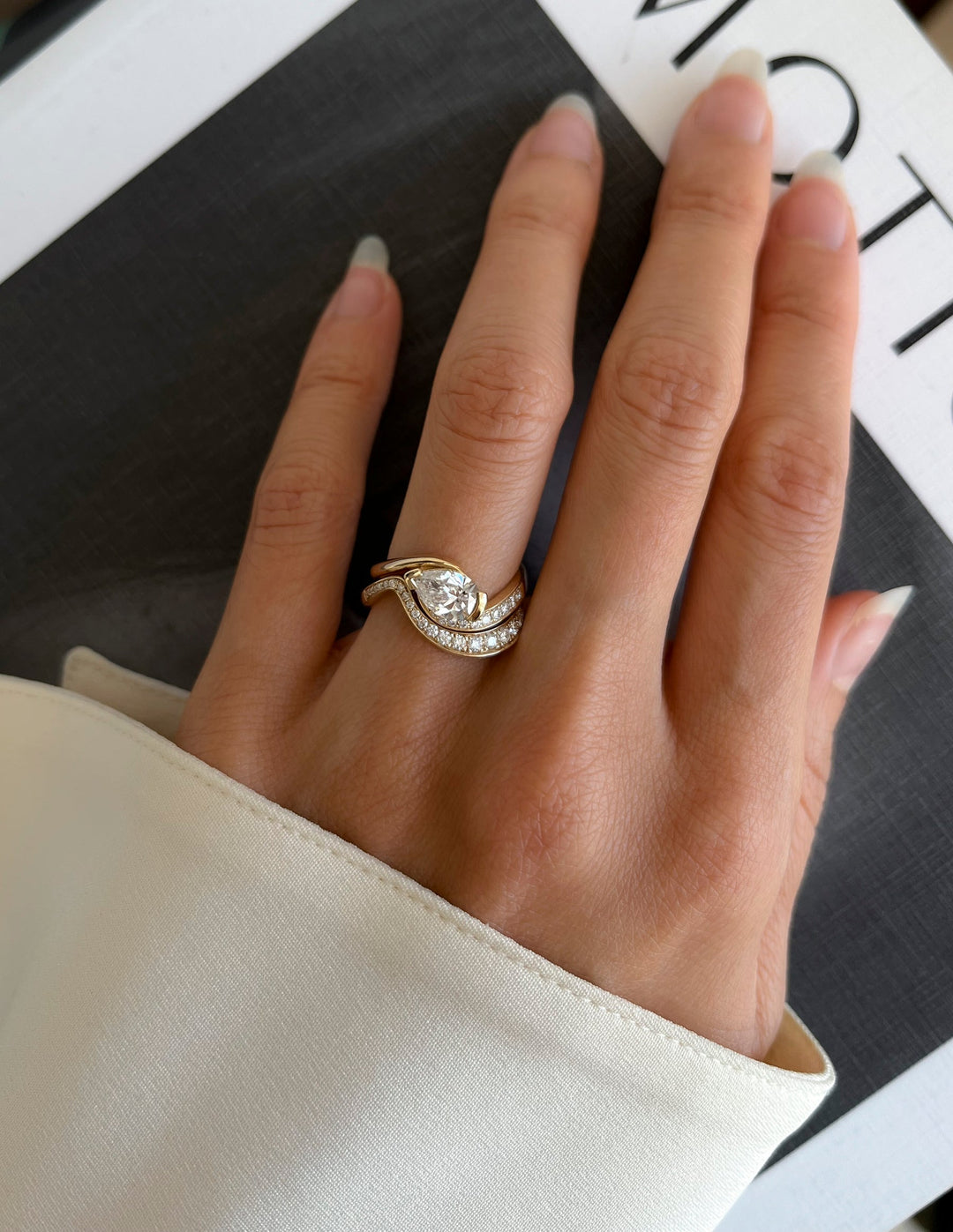 1.50CT East West Pear E-VS Lab Grown Pave Wedding Ring With Plain Curve Band