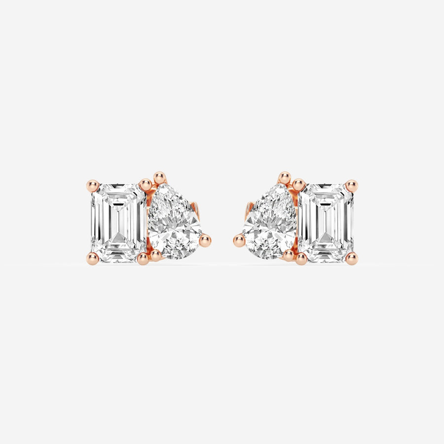 Emerald & Pear Cut FG-VS2 Lab-Grown Diamond Two Stone Stud Earrings