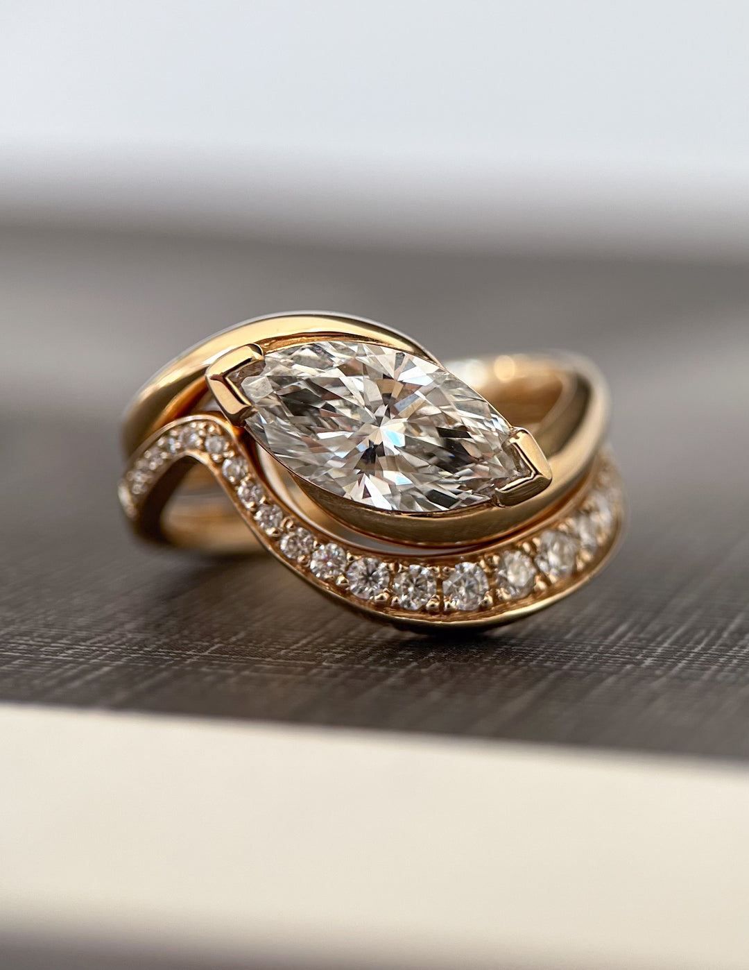 2.0CT East West Marquise E-VS Lab Grown Wave Bridal Ring Set With Classic Bands