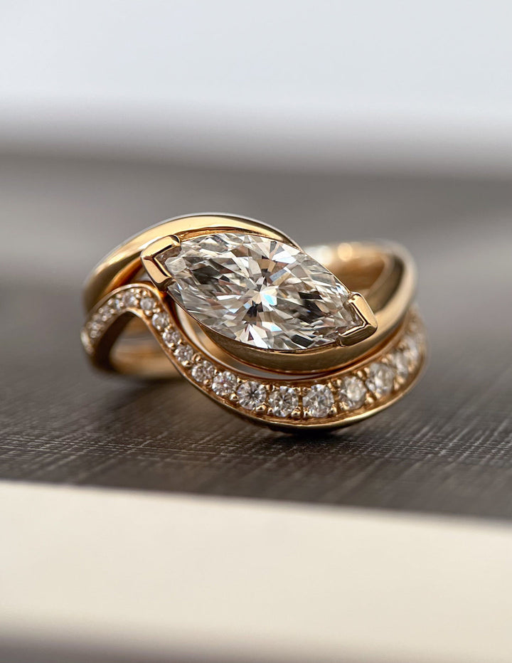 2.0CT East West Marquise E-VS Lab Grown Wave Bridal Ring Set With Classic Bands