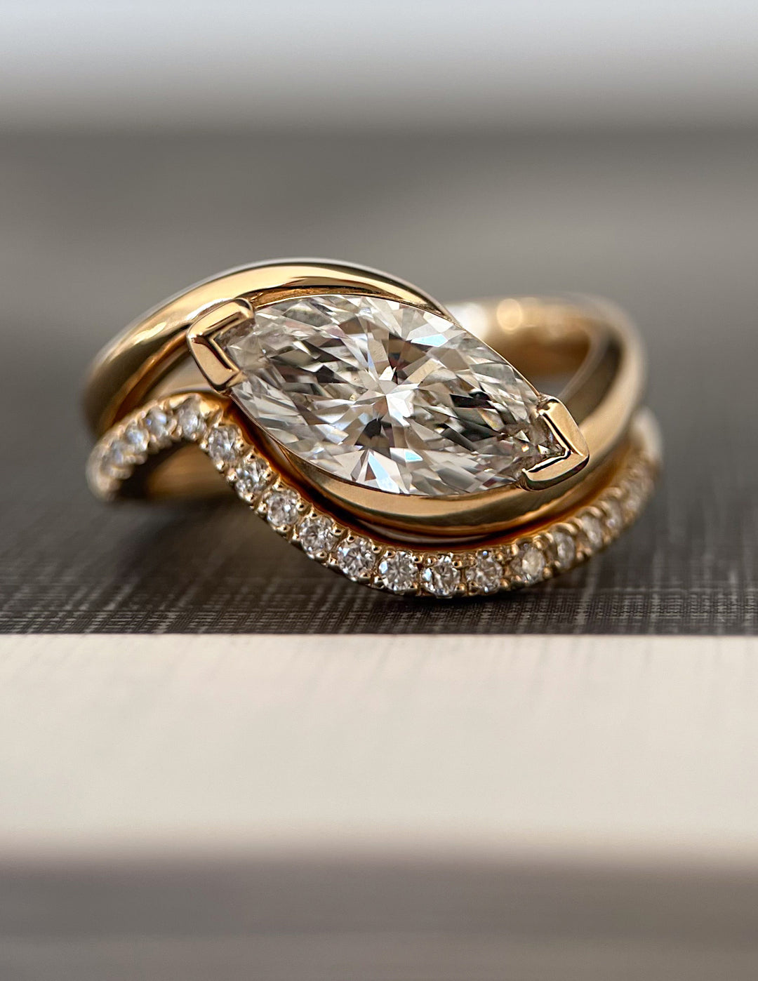 2.0CT East West Marquise E-VS Lab Grown Wave Bridal Ring Set With Classic Bands