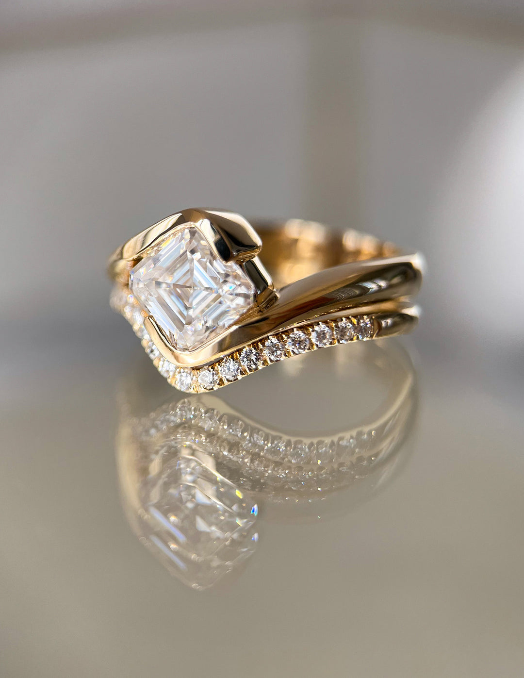 1.50CT Asscher E-VS Lab Grown Bypass Wedding Ring With Pave Band