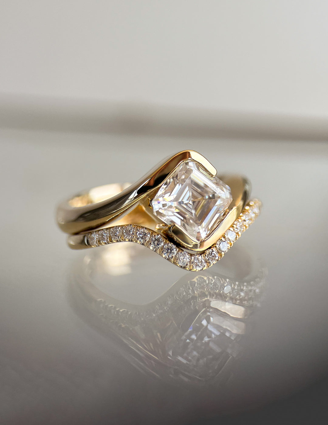 1.50CT Asscher E-VS Lab Grown Bypass Wedding Ring With Pave Band