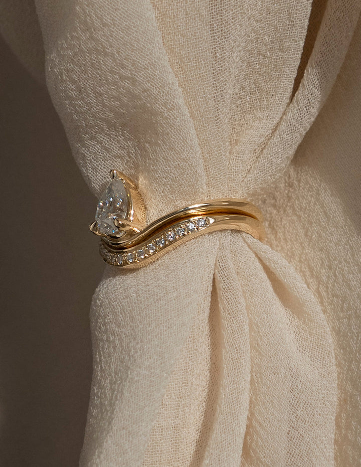 1.50CT Pear E-VS Lab Grown Curve Diamond Ring With U Shape Pave Wedding Band