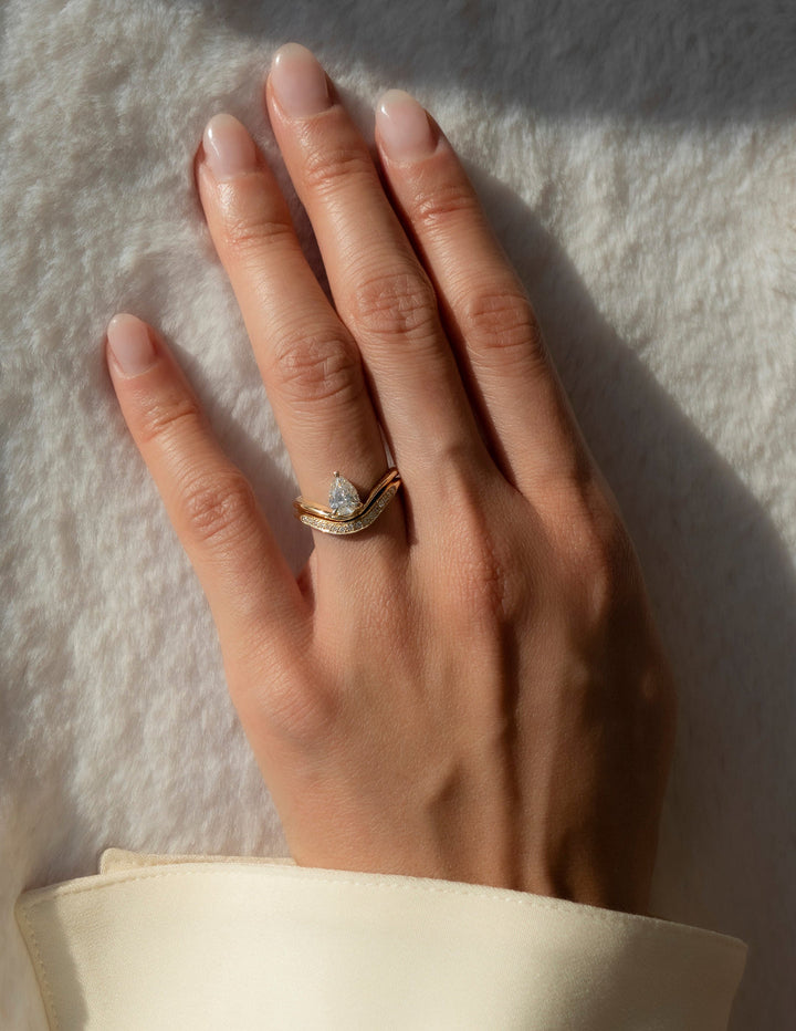 1.50CT Pear E-VS Lab Grown Curve Diamond Ring With U Shape Pave Wedding Band