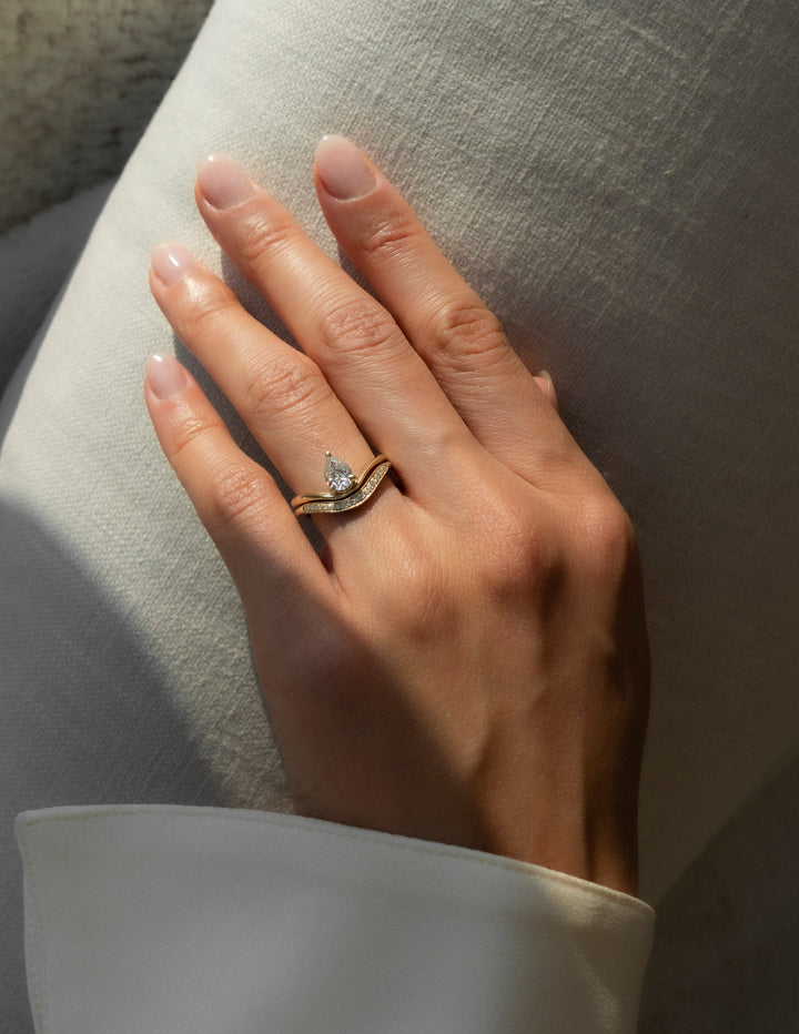 1.50CT Pear E-VS Lab Grown Curve Diamond Ring With U Shape Pave Wedding Band