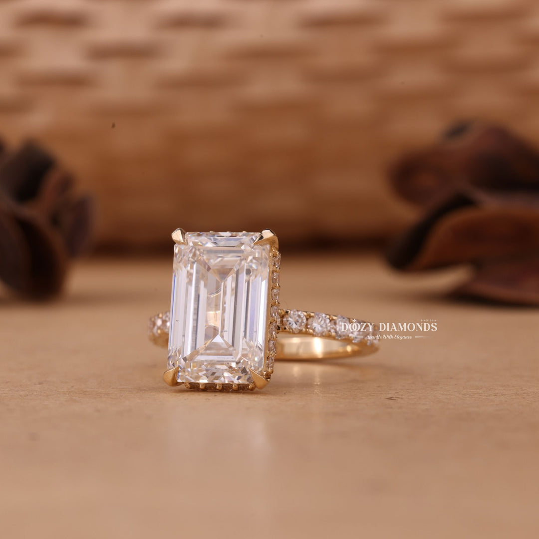 4.50CT-6.50CT Emerald Cut F/VS1 Lab Grown Hidden Halo Diamond Engagement Ring