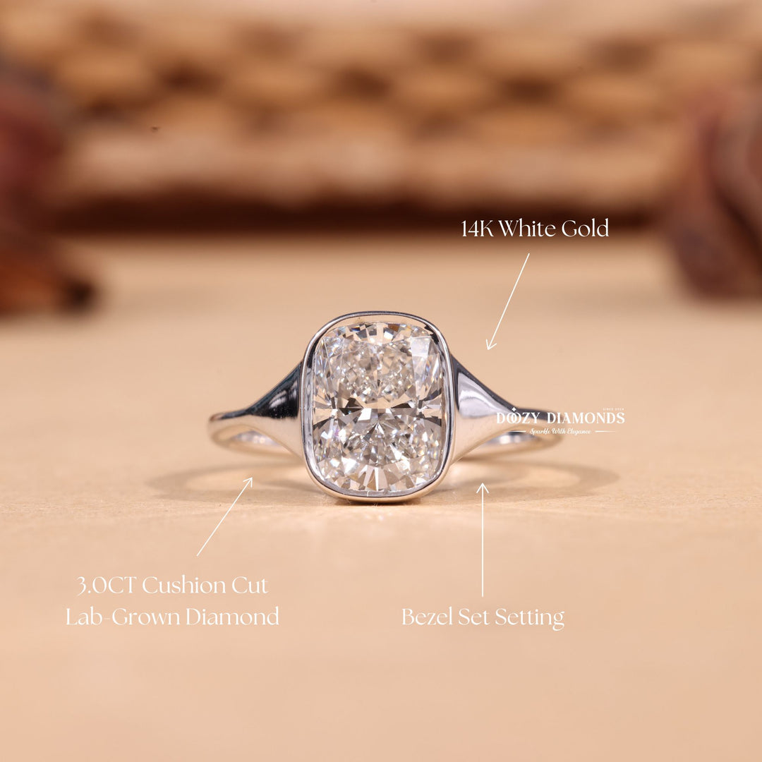 3.0CT-5.0CT Bezel Set Cushion FE/VS2 Lab Grown Diamond Engagement Ring