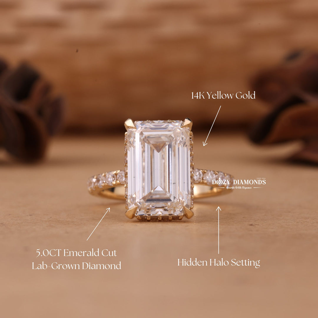 4.50CT-6.50CT Emerald Cut F/VS1 Lab Grown Hidden Halo Diamond Engagement Ring