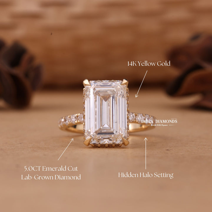 4.50CT-6.50CT Emerald Cut F/VS1 Lab Grown Hidden Halo Diamond Engagement Ring