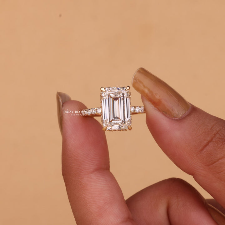 4.50CT-6.50CT Emerald Cut F/VS1 Lab Grown Hidden Halo Diamond Engagement Ring