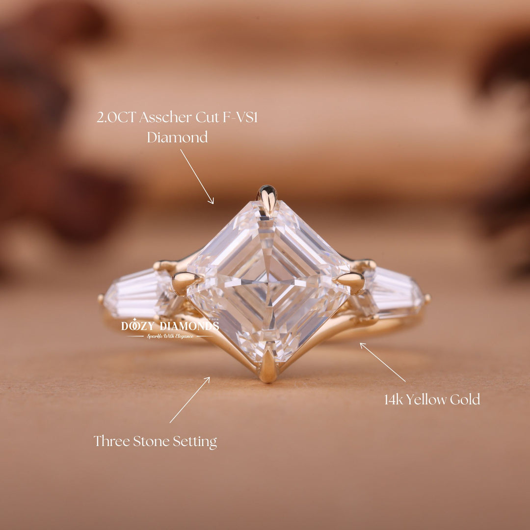 1.50CT-2.50CT Asscher E/VS1 Lab Created Three Stone Style Engagement Ring