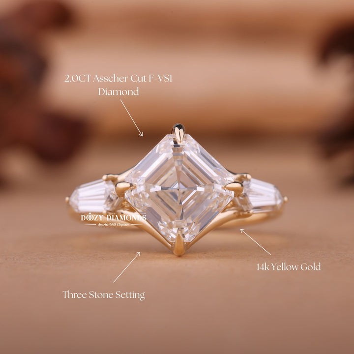 1.50CT-2.50CT Asscher E/VS1 Lab Created Three Stone Style Engagement Ring