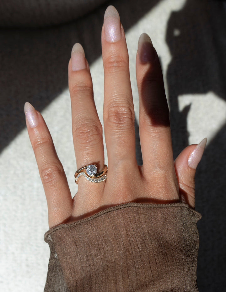 1.0CT Round E-VS Lab Grown Bypass Wedding Ring Set With Classic Band