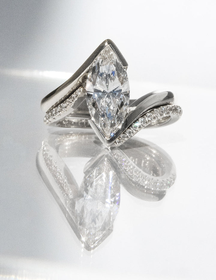 2.0CT Half Bezel Marquise F-VS Lab Grown Wedding Ring with Curved Band