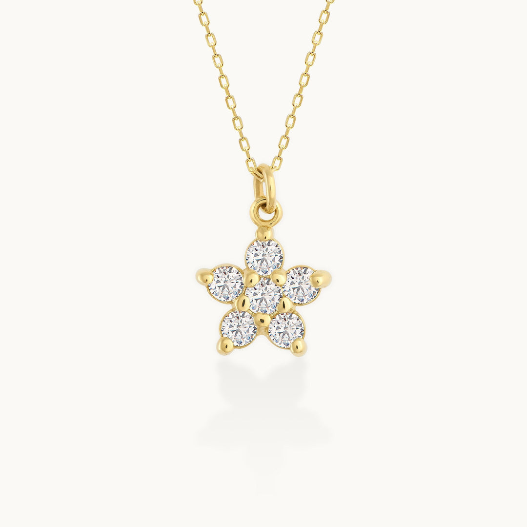 Round Cut Diamond Flower Necklace 14K Gold Ring for Her