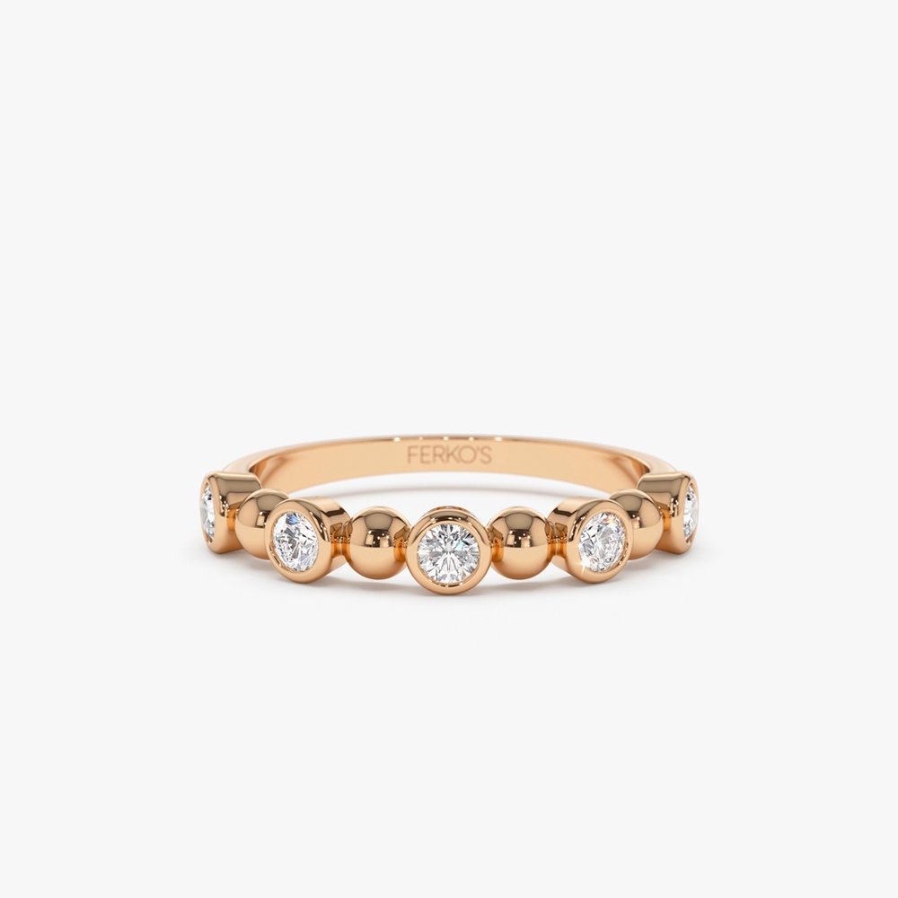 Alternating Beads & Bezel Set Round Cut Diamond Band