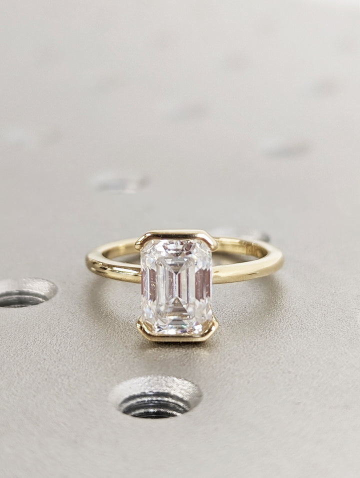 1.50CT Emerald Cut Half Bezel Lab Grown Diamond Engagement Ring For Her
