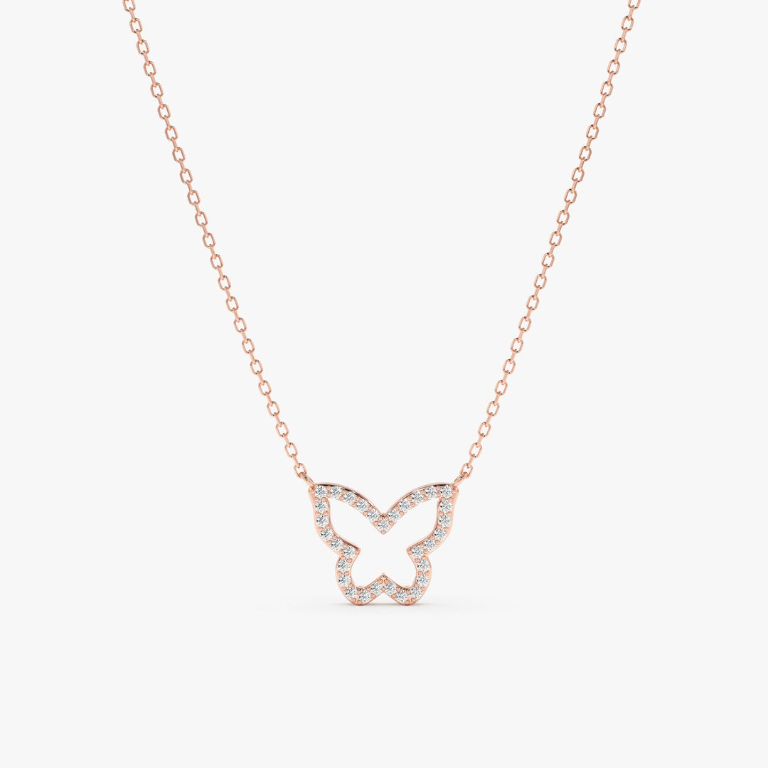 Round Cut Diamond Solid Gold Butterfly Necklace for Birthday Gift