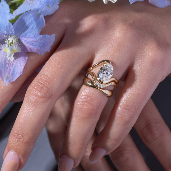 2.0CT Oval E-VS Lab Grown Unique Wave Wedding Ring With Plain Curve Band