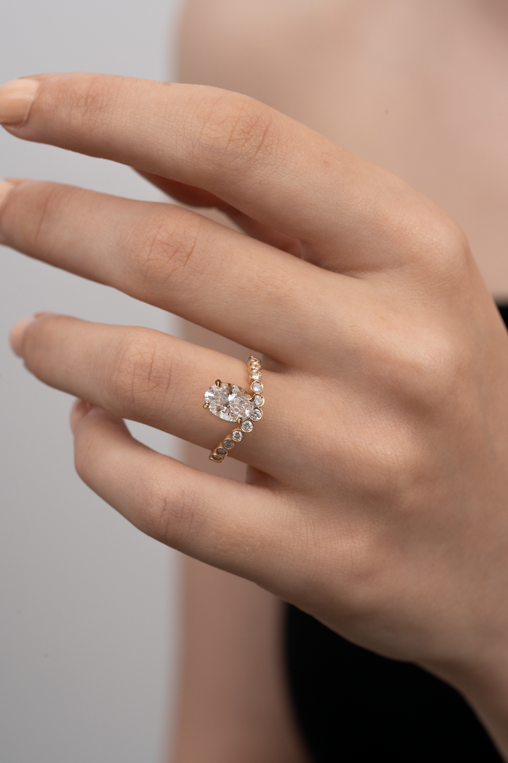 1.0CT-2.0CT Oval Cut Lab Grown Diamond Bubble Pave Engagement Ring