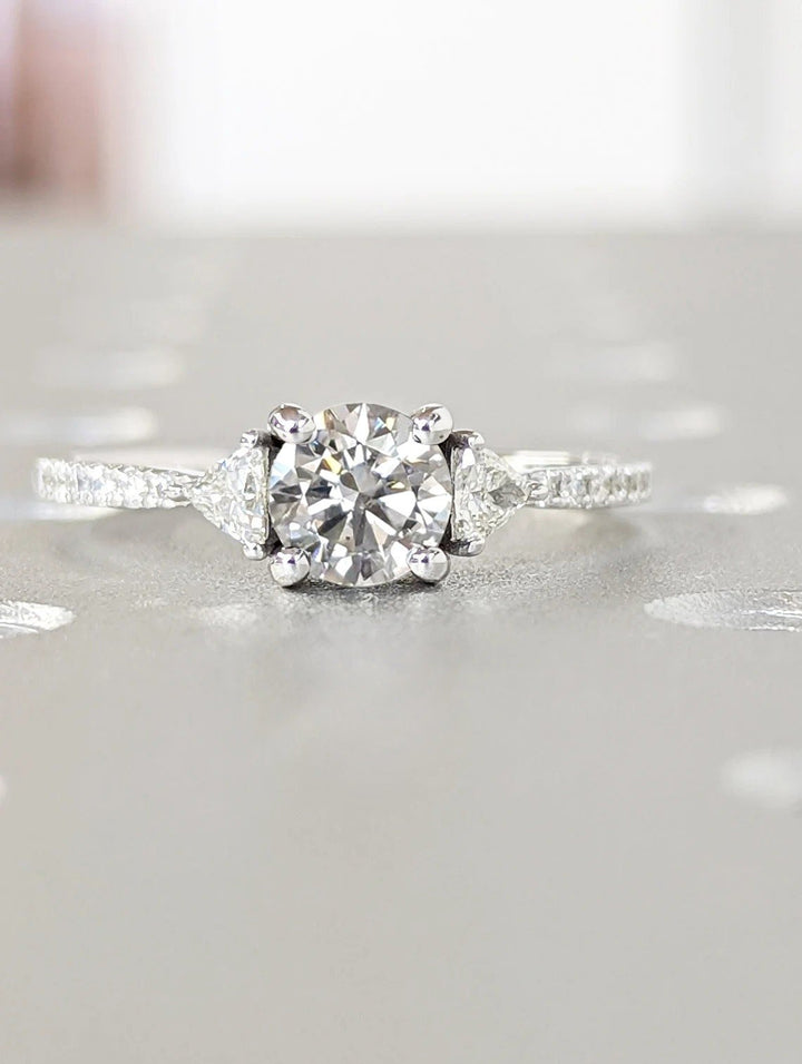 round cut three stone pave lab grown diamond ring for her