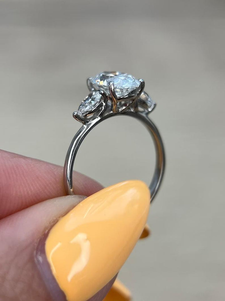 Buy three-stone ring with matching band, Discounted three-stone engagement rings, Luxury three-stone engagement rings, Unique three-stone diamond rings.