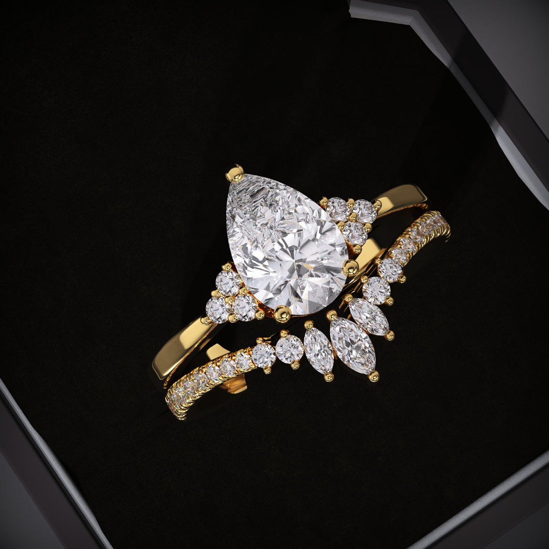 Pear Cluster Lab Grown Engagement Ring With Curved Diamond Stacking Band