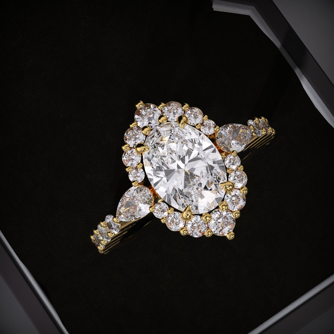 Oval Lab Grown F/VS1 Diamond Cluster Halo & Pave Engagement Ring
