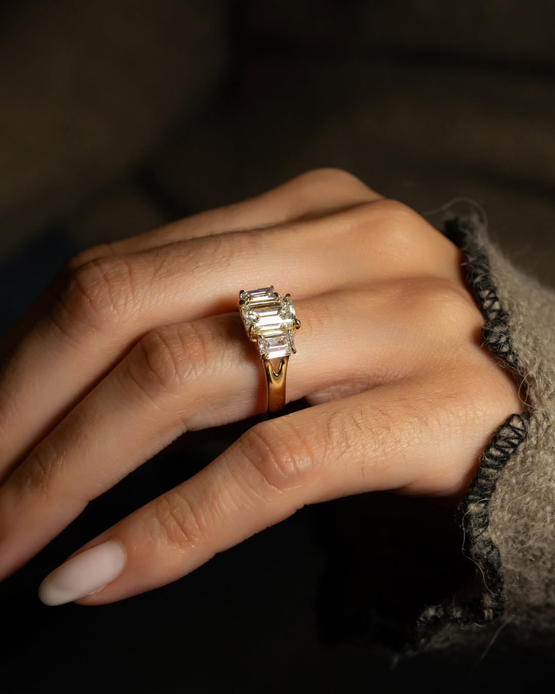 1.0 -3.0 CT Emerald Cut Lab Grown Diamond Three Stone Engagement Ring