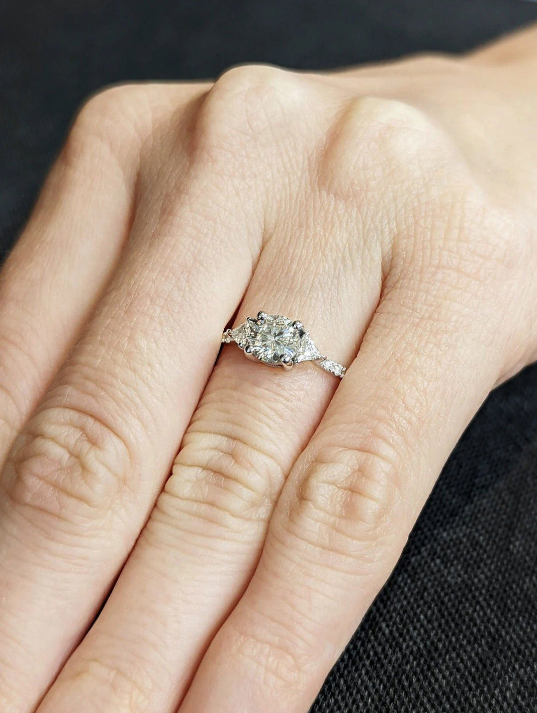 lab grown three stone diamond engagement ring,