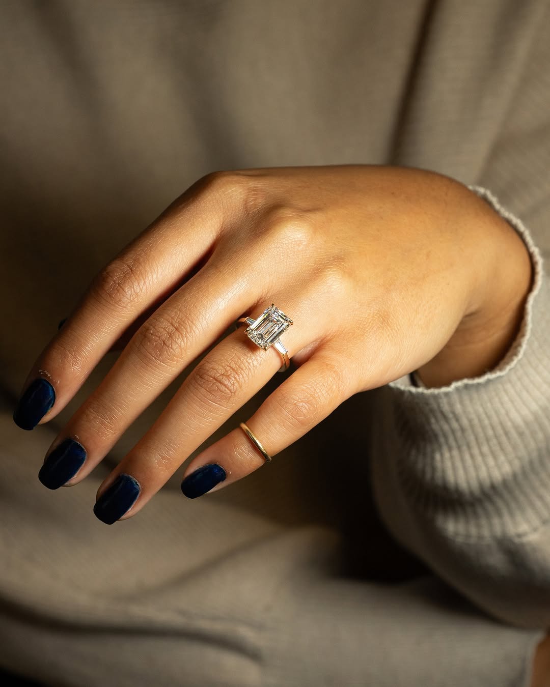 3.0 -5.0 CT Emerald Cut Lab Grown Diamond Three Stone Engagement Ring