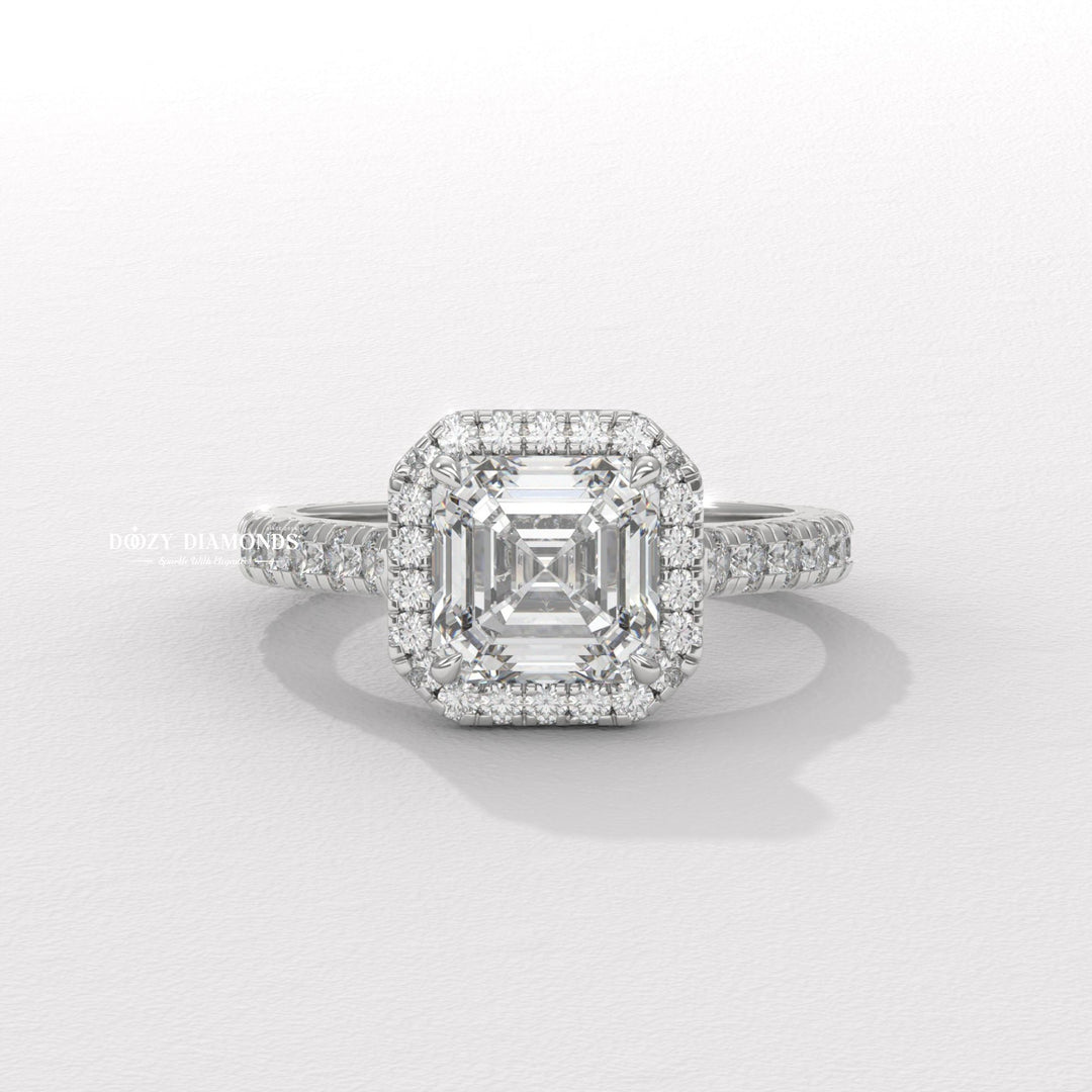 Asscher cut halo ring
Asscher cut pave ring
Asscher halo pave ring
Vintage style engagement ring