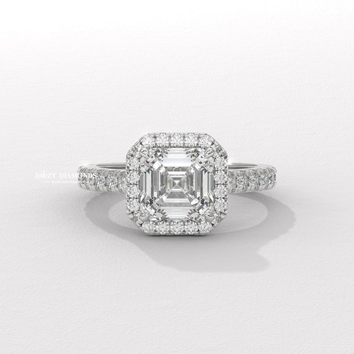 Asscher cut halo ring
Asscher cut pave ring
Asscher halo pave ring
Vintage style engagement ring