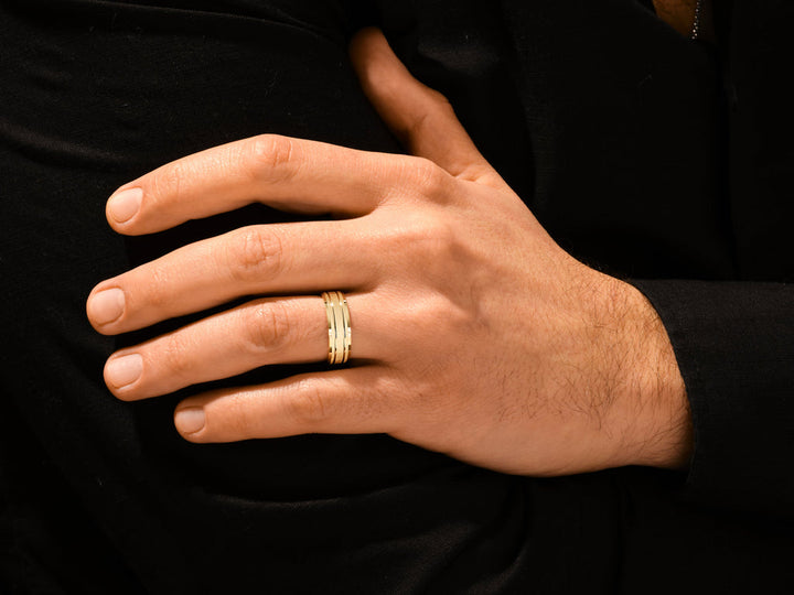 7.0mm Horizontal Thick Brushed & Double Grooved Men's Gold Wedding Band