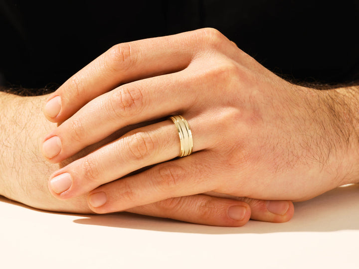 7.0mm Horizontal Thick Brushed & Double Grooved Men's Gold Wedding Band