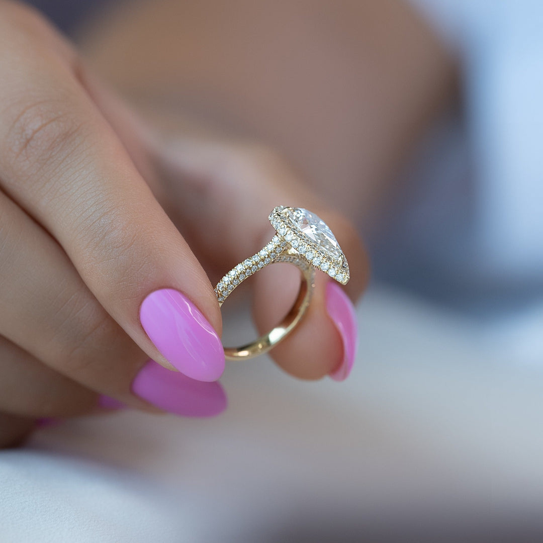 1.0 -3.0 CT Pear  Lab Grown Diamond Halo & Pave Engagement Ring