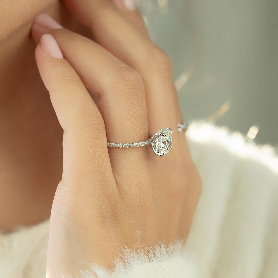 1.0 -3.0 CT Elongated Cushion  Lab Grown Diamond Hidden Halo & Pave Engagement Ring