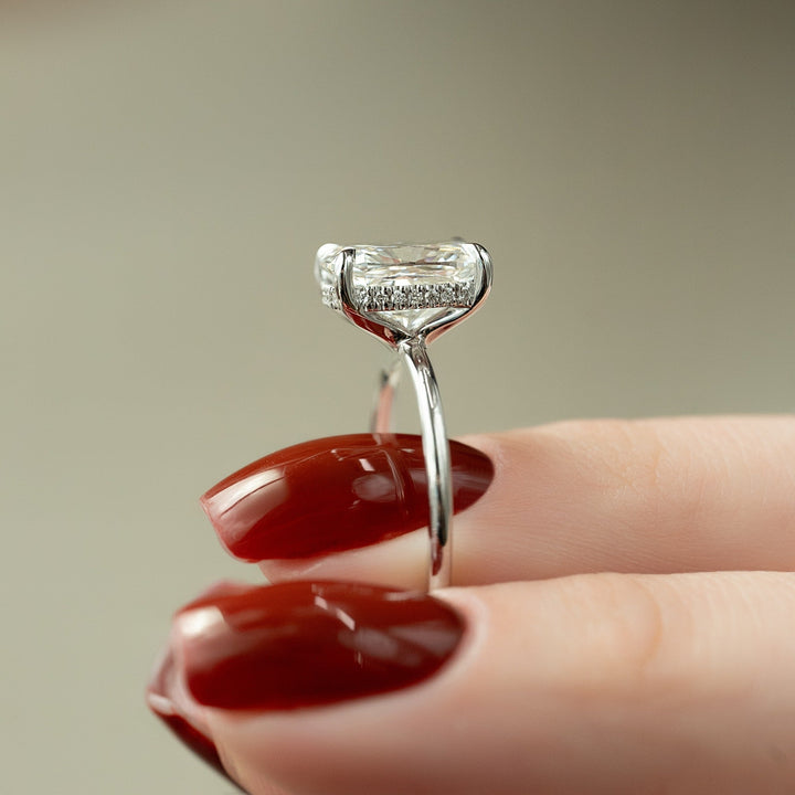1.0 -3.0 CT Elongated Cushion  Lab Grown Diamond Hidden Halo Engagement Ring