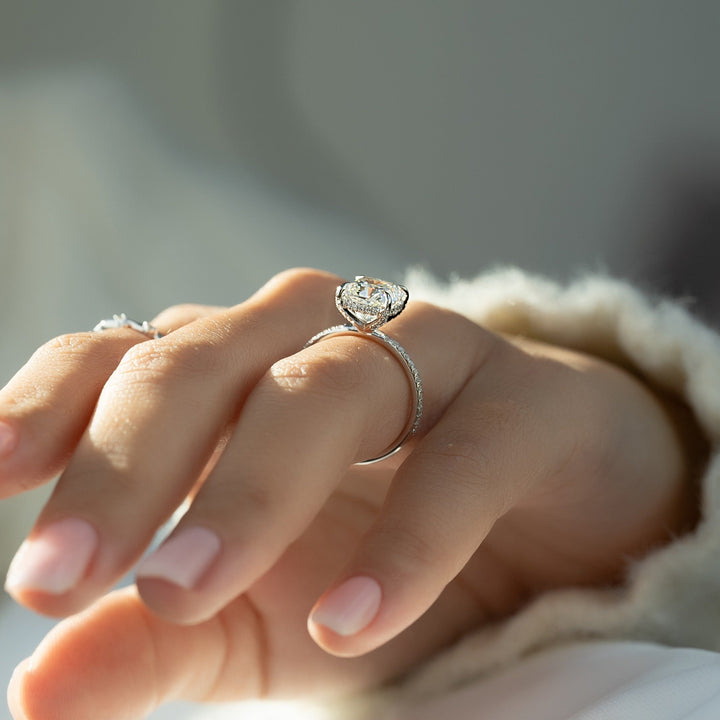 1.0 -3.0 CT Elongated Cushion  Lab Grown Diamond Hidden Halo & Pave Engagement Ring