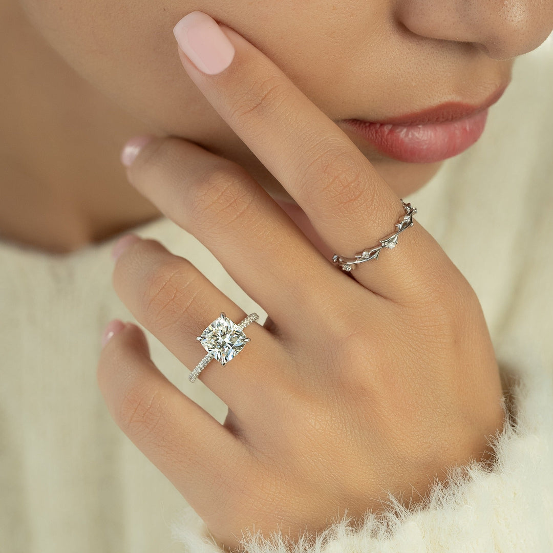 1.0 -3.0 CT Elongated Cushion  Lab Grown Diamond Hidden Halo & Pave Engagement Ring